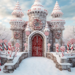 Puede incluir: Un castillo de jengibre blanco con detalles de bastones de caramelo rojos y una puerta roja. El castillo está cubierto de nieve y rodeado de bastones de caramelo.