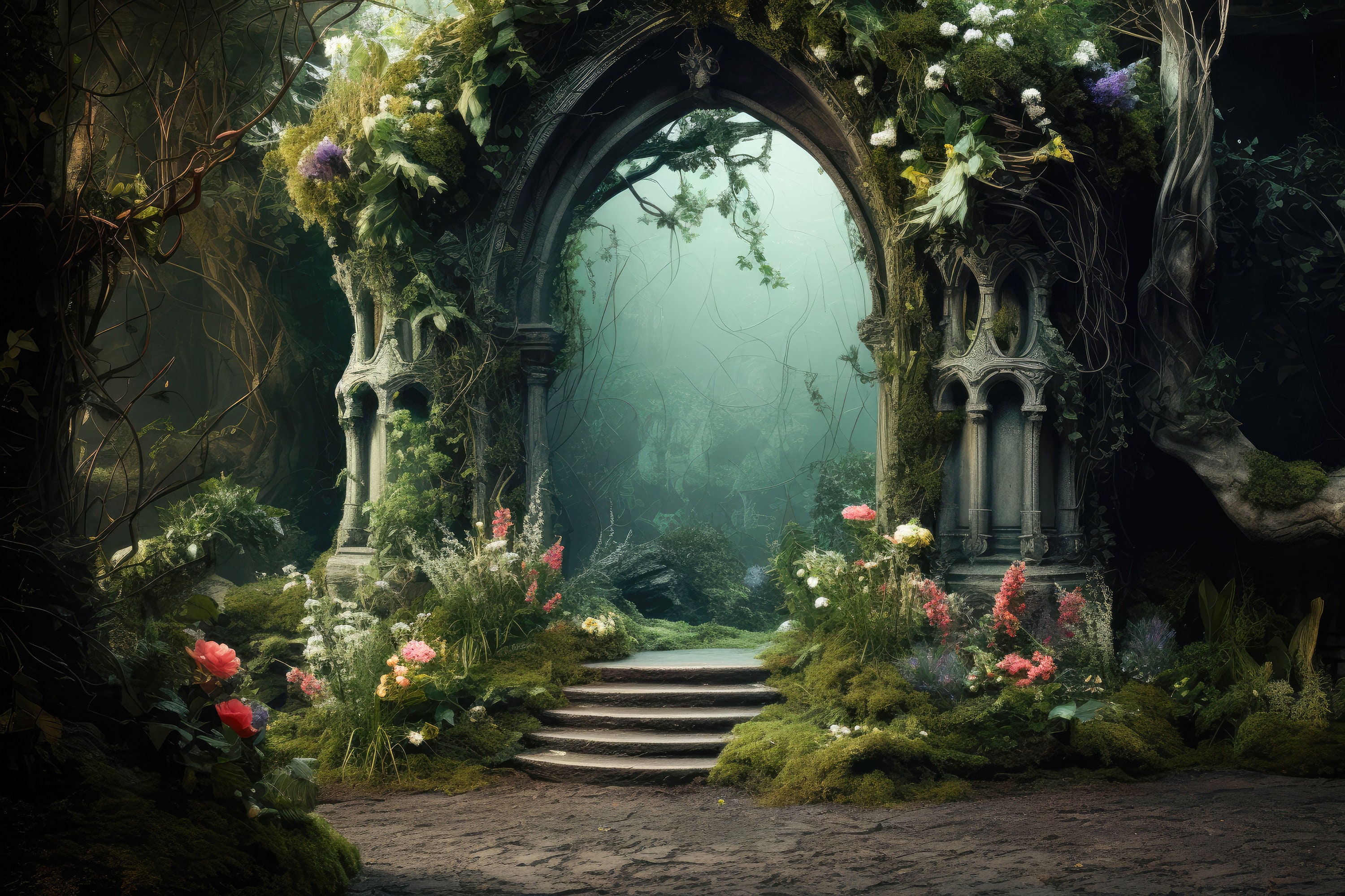 CORFOTO 7x5ft Vintage Garden Backdrop Fantasy Marble Arches Roses Scenery Photography Background Enchanted Night Misty Foggy Scence Picture For Halloween Decoration Personal Men Photo Booth Props