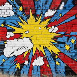 May include: A vibrant mural on a brick wall featuring a yellow explosion in the center, surrounded by red and blue rays. White clouds and yellow stars are scattered across the background, creating a comic book style design.