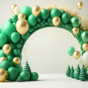 Pano de fundo digital de natal, ouro verde, balão, arco, estúdio, cenário digital, cartão de família, foto de criança, maternidade, sobreposição, photoshop