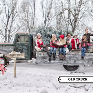 Sfondo digitale del vecchio camion o sfondo digitale. Vacanze di Natale per la famiglia o gli animali domestici Christmas Card Snowman Overlay Photoshop