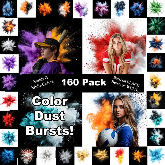 160 Sports Bundle Color Dust Explosion Digital Backdrops, Chalk Bursts Photography Backgrounds for Posters Intuitive Senior Team Photos