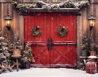 Christmas Backdrop Red Barn Double Doors Digital Backdrop Family Photo Card Composite Photoshop Digital Background Download Vintage Ornament