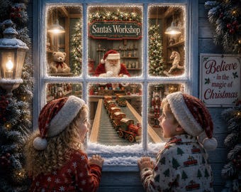 Suprise! Christmas Digital Backdrop Santa's Moonlight Workshop Digital Holiday Art Background Composite Clause Village North Pole Lodge