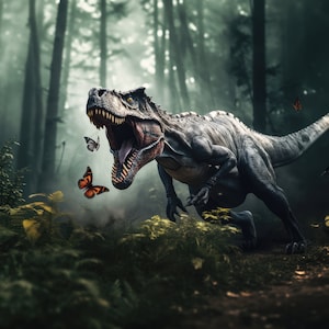 T-Rex Digital Backdrop T-Rex Chasing Butterflies Background, Dinosaur Digital Backdrop Birthday Digital Background Composite Tyrannosaurus