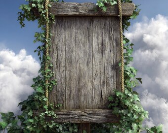 Digital Backdrop Wooden Sign Wrapped in Ivy, Blank Fairy Tale Sign Background by a Tree