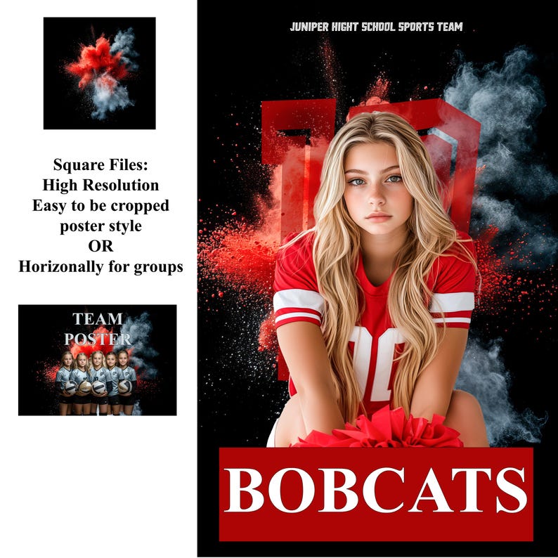 May include: A young woman in a red and white jersey with the number 10 on the front, holding a red and white pom-pom. She is sitting in front of a red and white background with the words "BOBCATS" in large white letters. The text "JUNIPER HIGHT SCHOOL SPORTS TEAM" is at the top of the image.