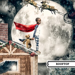 VENDITA! Sfondo digitale natalizio stravagante o sfondo con Babbo Natale volante e sovrapposizione GRATUITA di orso e mantello per bambini o bambini in Photoshop