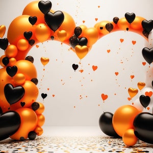 Halloween Hearts Balloon Arch Garland Digital Backdrop, Studio Background Balloon Digital Backdrops Toddler Backgrounds Photoshop Black