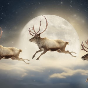 3 in sella a uno sfondo digitale di renne, sfondo digitale di Natale, sfondo digitale composito Renna volante di Babbo Natale Luna Vigilia di Natale