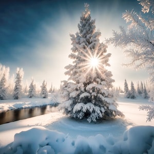 Toile de fond numérique de Noël arbre enneigé pictural, fond numérique d'hiver, fond composite de carte de vacances pour Photoshop Forest River