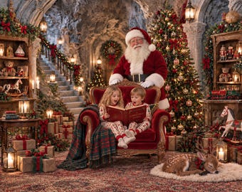 Santa Cave! Christmas Digital Backdrop Claus Chair St. Nick's Intuitive Holiday Background Template Family Photo Card Santa's Reindeer Dogs