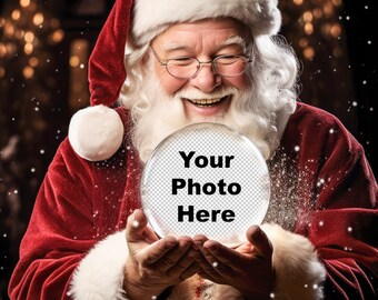 Santa Digital Backdrop Christmas Snow Globe Background Easy Intuitive Template Insert PNG Overlay Christmas Claus Holding a Snowglobe Dogs