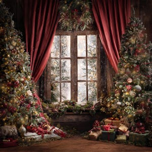 Puede incluir: Una escena navideña festiva con dos árboles de Navidad decorados que flanquean una ventana con cortinas rojas. Los regalos y adornos están esparcidos alrededor de los árboles, creando un ambiente festivo cálido y acogedor.