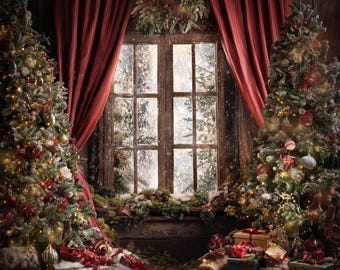 Perfect Christmas Digital Backdrop Old Masters Background Tree Room Double Window Digital Template Christmas Holiday Photo Card Ornament Dog