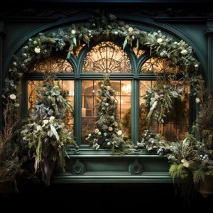 Sfondo digitale di Natale, negozio floreale di rose nere, cartolina fotografica di famiglia riservata, sfondo digitale composito di Photoshop