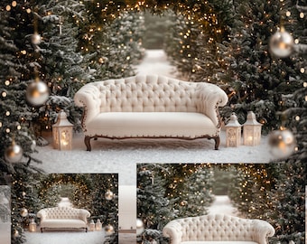 May include: A cream-coloured, button-backed sofa with curved arms and wooden legs is set in a snowy forest. Silver baubles and lanterns with lit candles are placed around the sofa. The background shows snow-covered evergreen trees and fairy lights.