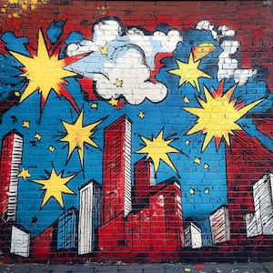 Könnte beinhalten: Ein lebendiges Wandgemälde auf einer Backsteinmauer mit einer Stadtlandschaft mit roten Gebäuden und gelben Sternen vor blauem Himmel. Weiße Wolken und kleine Sterne ergänzen das Kunstwerk im Comic-Stil. Die Backsteinmauer ist rot und braun bemalt.