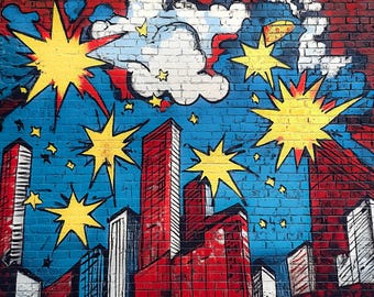Digital Backdrop Superhero Graffiti Background Cartoon cityscape photography cartoon super hero birthday party intuitive template banner