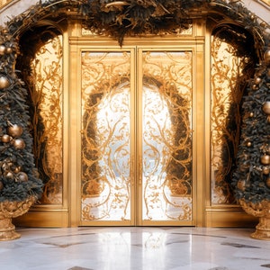 Weihnachten Hintergrund Fancy Gold Bogen Türen Digitale Kulisse, Familien-Foto-Karte Composite Photoshop Digitaler Hintergrund Download Hintergrund Kranz