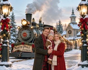 Express Train Christmas Backdrop Ornamental Digital Background Engine Station Polar  Santa Old Masters Composite Family Card Background