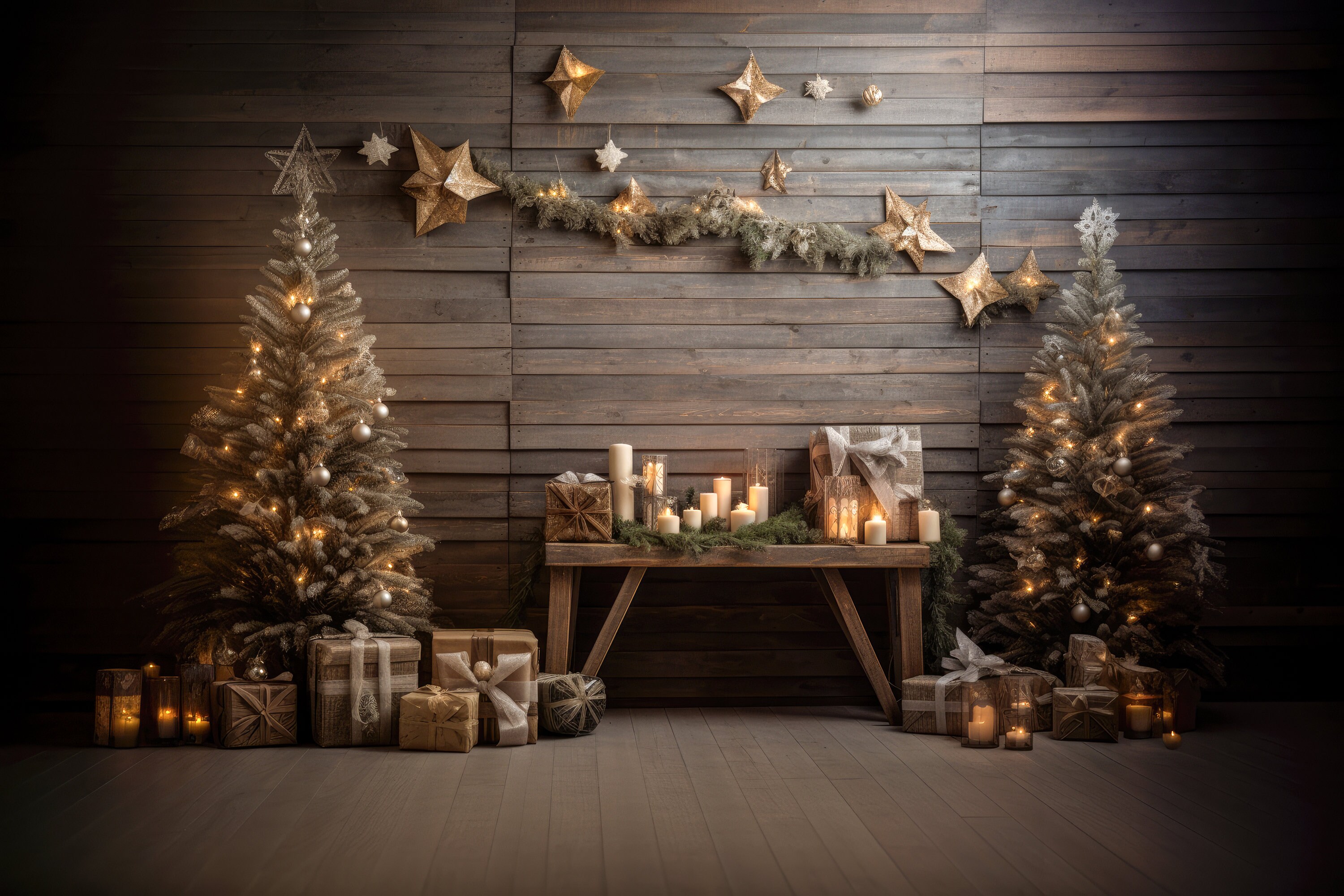 Christmas Backdrop Cabin Wall Digital Backdrop, Bench Family Photo Card ...