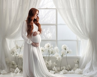 Backlit Window Digital Backdrop Floral White Room Photoshop Overlays Portrait Photo Maternity Pregnant Photography White Curtain Background