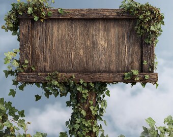 Digital Wooden Sign Backdrop  Template Wrapped in Ivy, Blank Fairy Tale Sign Background by a Tree