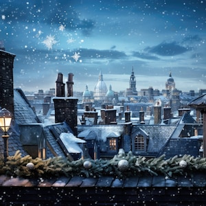 Charming Christmas Eve Rooftop or Roof Digital Backdrop, Great for Holiday Composites with Kids, Painterly Family Photo Photoshop Backdrops