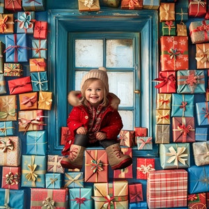 Sfondo digitale di Natale Muro vintage di regali Sfondo finestra Sfondo biglietto di famiglia Foto digitale Photoshop Colore composito Festa pop