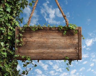 Digital Backdrop Whimsical Wooden Sign Wrapped in Ivy, Blank Fairy Tale Sign Background by a Tree