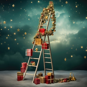 Weihnachten Hintergrund Studio Leiter Digitale Kulisse, Toddler Kid Card Composite Photoshop Digital Backdrop Download Weihnachtssterne Geschenke