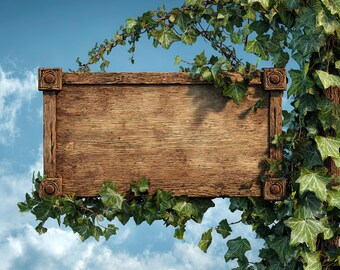 Digital Wooden Sign Backdrop  Template Wrapped in Ivy, Blank Fairy Tale Sign Template Cosplay Background by a Tree