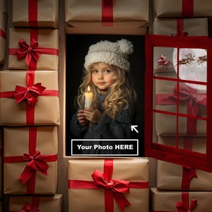 Modèle facile Noël toile de fond numérique vintage fond de colis carte de famille PNG superposition fenêtre père Noël superposition de photos Photoshop Composite