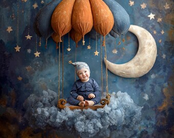 Digital Background Baby Blue Moon Unique Cake Smash Old Masters Floral Birthday Template Backdrop Newborn Muslim Portrait Wood Swing Stars