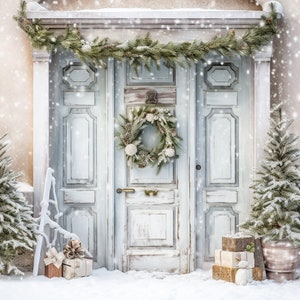 Sfondo natalizio Soft White Holiday Doors Sfondo digitale, carta fotografica di famiglia Composite Photoshop Sfondo digitale Matrimonio istantaneo