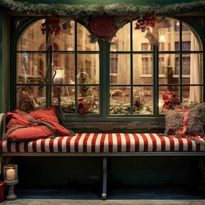 Digital Backdrop Christmas Red Stripe Bench Window Digital Christmas Background Replacement, Family Photo Composite Photoshop Backdrops