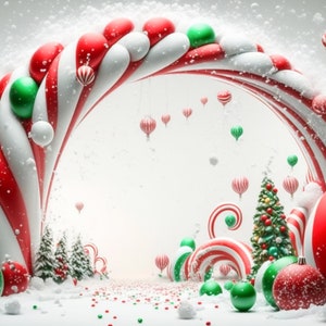 Sfondo digitale di Natale con caramelle, sfondo con arco di palloncini, sfondo digitale per studio, biglietto di famiglia, sovrapposizione di foto per bambini, inverno, Photoshop, vacanze