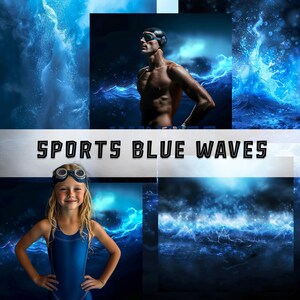May include: A collage of images featuring blue water waves and people wearing swimming goggles. The text "SPORTS BLUE WAVES" is displayed in the center of the image.