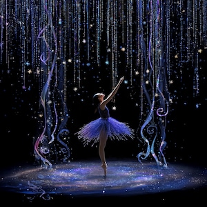 May include: A ballerina in a blue tutu and pointe shoes, reaching upwards. The background is a dark night sky with sparkling stars and flowing, iridescent ribbons. The stage floor is also covered in shimmering particles.