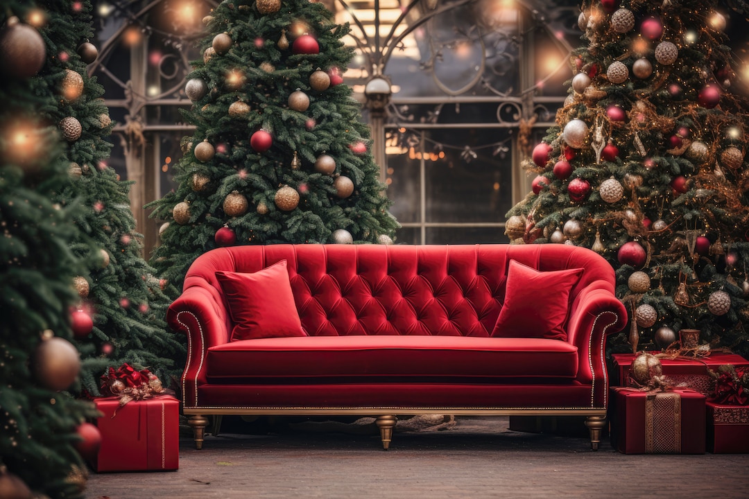 Elegant Christmas Tree Couch Digital Backdrop: Family Photo Template ...