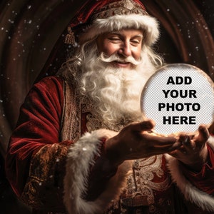 Sfondo digitale, Globo di neve di Babbo Natale vecchio stile Sfondo digitale Sfondo Inserto fotografico Sovrapposizione PNG Natale Babbo Natale con in mano una palla di neve