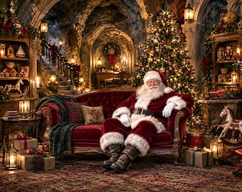 Christmas Digital Backdrop Santa Claus Couch St. Nick's Cave Intuitive Holiday Background Composite Templated Family Photo Card  Santa's