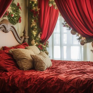 May include: A red velvet canopy bed with a white headboard and pillows. The bed is decorated with Christmas lights and greenery.