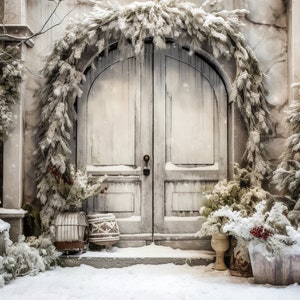 Sfondo natalizio Porta innevata ARCH Sfondo digitale, Carta fotografica di famiglia Composito Photoshop Sfondo digitale Scarica Vintage