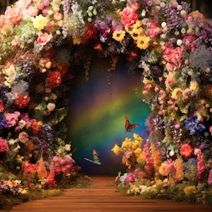 Digital Backdrop Fairy Digital Background Floral Ring Bright Colors Painterly Bokeh Forest Fairy Arch Backdrop Magical Rainbow Flowers