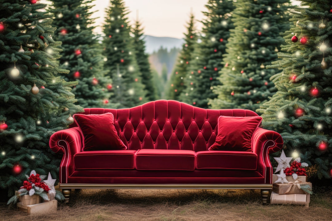 Digital Backdrop Christmas Tree Farm Background Red Couch Backdrop ...