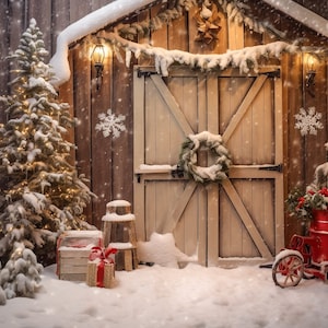 Telón de fondo de Navidad Puertas de granero familiar Escena de vacaciones Telón de fondo digital, Tarjeta de foto Compuesto Photoshop Fondo de fondo digital, Juguetes de nieve