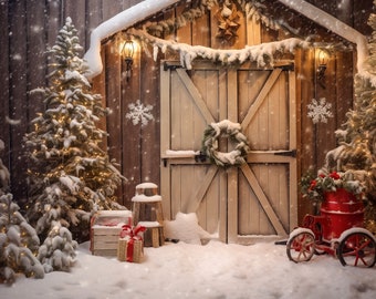 Christmas Backdrop Family Barn Doors Holiday Scene Digital Backdrop, Photo Card Composite Photoshop Digital Backdrop Background, Snow Toys