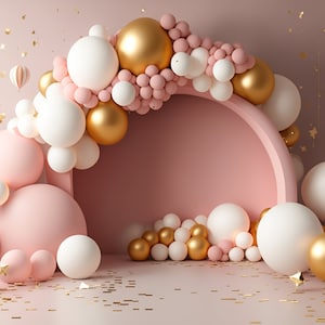 Roze digitale achtergrond ballonboog Intuïtieve achtergrond Cake Smash viering Download verjaardag peuter pasgeboren moederschap Photoshop Studio
